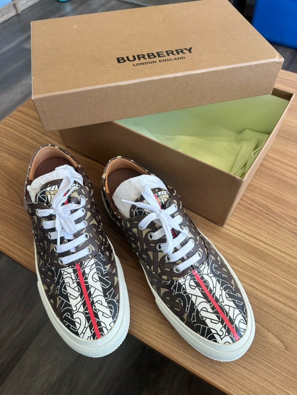Burberry Brown, White & Red Monogram Low-Top Sneakers